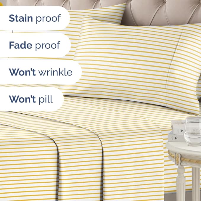 Yellow Striped Sheets - 1 Flat & 1 Fitted Sheet & 2 Pillowcases w/ Deep Pockets - Cozy, Wrinkle & Fade Resistant - Ultra-Soft, Comfy, Breathable & Cooling - Luxury Pinstripe Bedding - Full Size