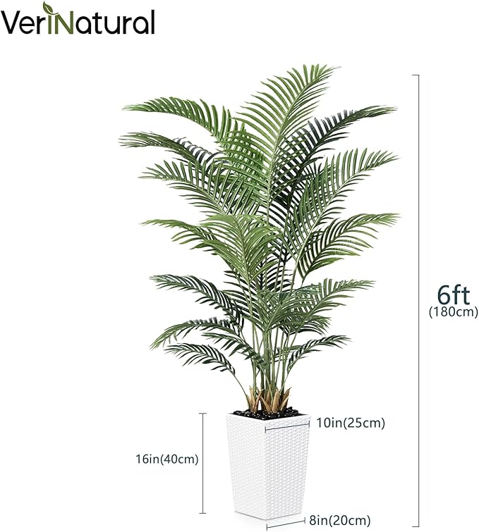 6FT Artificial Palm Tree - Tall Fake Tree with White Taper Planter & Pebbles, UV Resistant for Indoor & Outdoor Decor - Large Potted Faux Plant for Living Room, Office, Home Decor,VN130