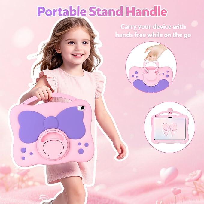 VOFUOE for iPad A16 Case Kids iPad 11th/10th Generation Case 11 Inch 2025 | Cute Bow Soft Silicone iPad 10th Cover 10.9 Inch 2022 for Girls Built-in Handle Rotatable Stand Pencil Holder-Pink Purple