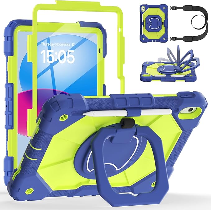 Case for iPad A16 11th/10th Generation 11/10.9 Inch 2025/2022 Dinines Full-Body Drop Protection Shockproof iPad a16 Case with Screen Protector 360° Rotating Stand Shoulder Strap Pencil Holder Black