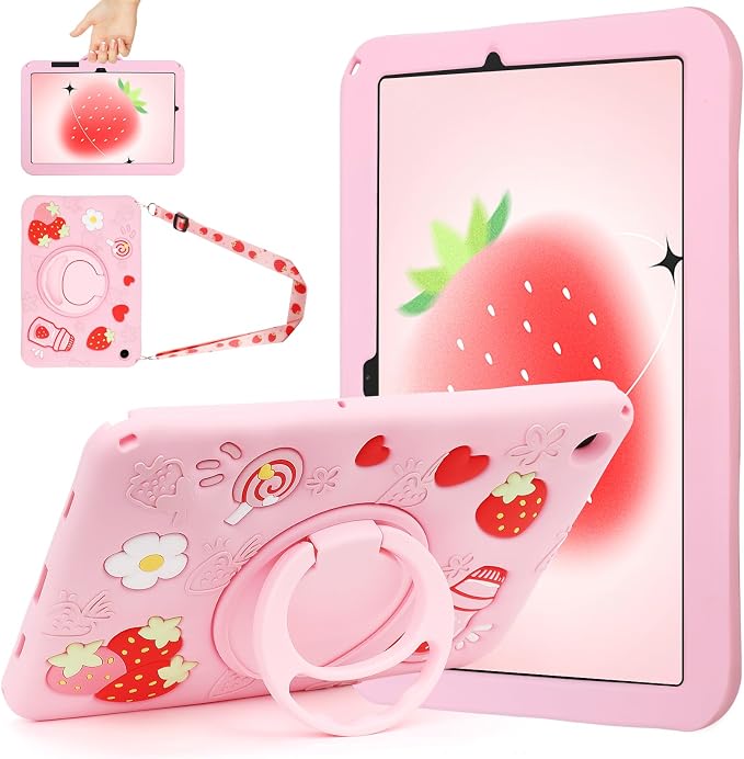 Case for Samsung Galaxy Tab A11+ Plus / A9+ Plus 11 Inch Cute Strawberry Women 3D Rotating Handle Stand &amp Shoulder Strap Soft Silicone for Samsung A11 Plus Tablet Case