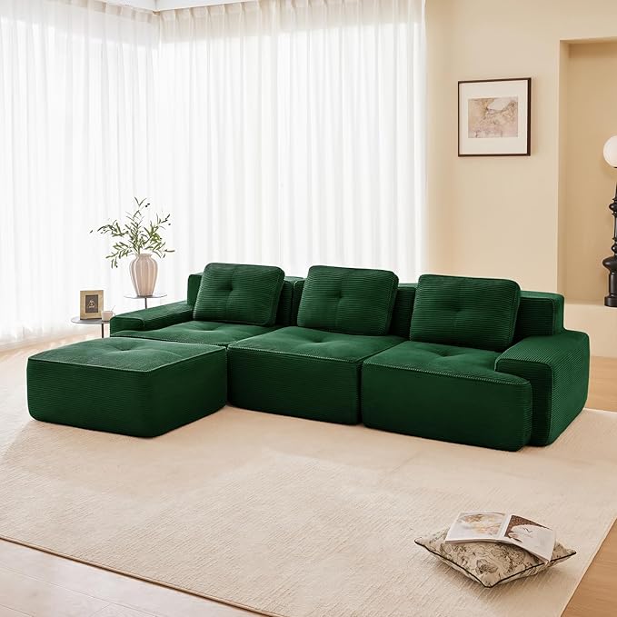 115" Modern Corduroy Cloud Sofa with Ottoman, L Shaped Boneless Modular Large Sectional Couches for Living Room, Green 3 Seater Compressed Memory Foam Couch, Extra Deep Seat, No Assembly