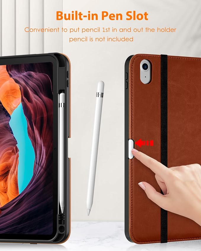DTTO for iPad (A16) 11th Generation 11-inch &amp 10th Gen Case Brown | Premium Leather Business Cover with Pencil Holder Hand Strap &amp Pocket Corner Protection Auto Sleep/Wake for Work &amp