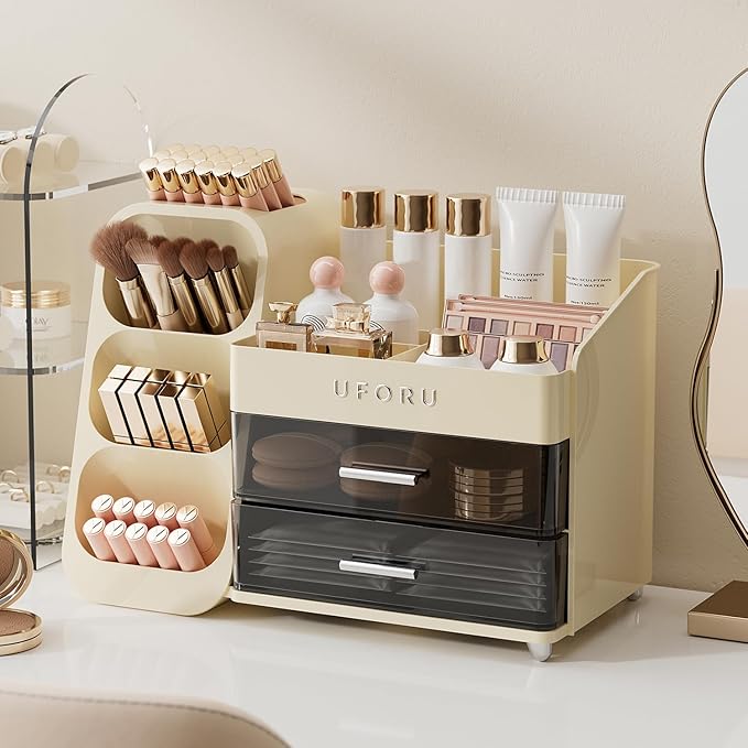 Makeup Organizer for Vanity with Brush Holder, Countertop Organizer with 2 Drawers, Spacious Cosmetic Display Case for Beauty Essential, Skincare, Lipstick