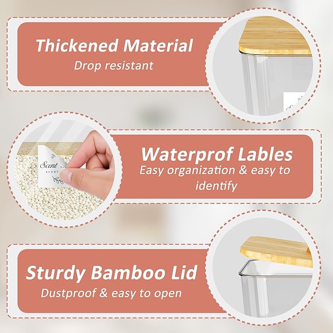 Laundry Room Organization and Storage, Laundry Pods Container and Dryer Sheet Holder with Bamboo Lids and Labels, Laundry Organizer with Scoops for Booster Beads, Powder, Pods, 4+1 Pack