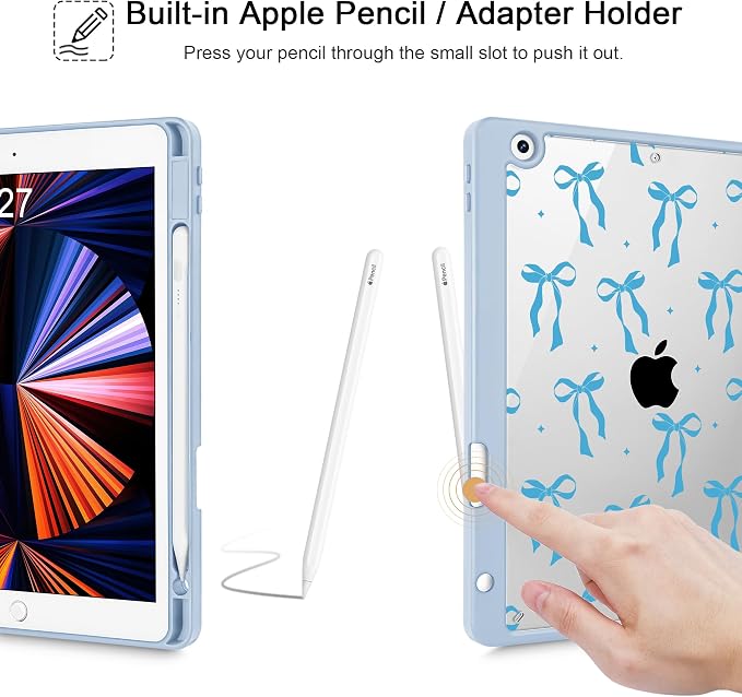 Case for iPad 9th/8th/7th Generation 10.2-Inch (2021/2020/2019 Release) with [Built-in Pencil Holder] Shockproof Cover with Clear Transparent Back Shell &amp Auto Wake/Sleep - Blue Bows