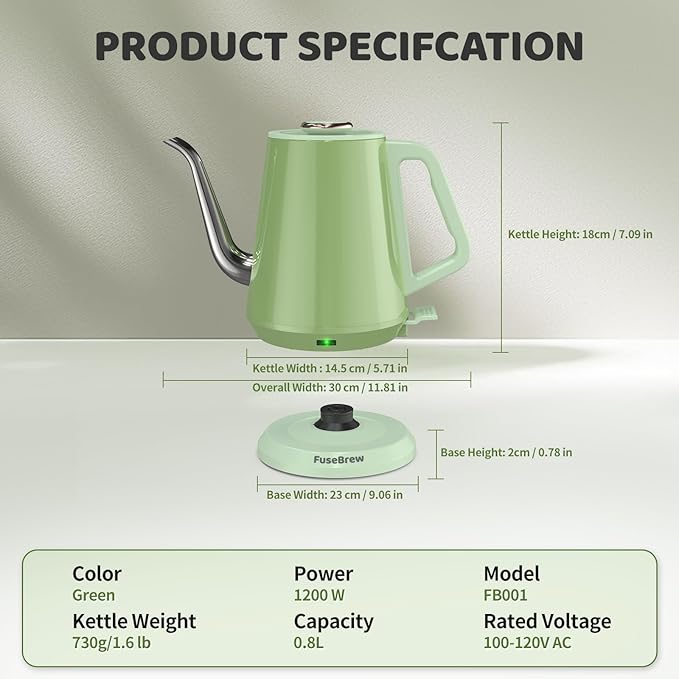 Gooseneck Electric Kettle(0.8L),1200 Watts Fast Boiling,Stainless Steel BPA Free,Automatic Shut Off,Pour Over Kettle for Small Kitchen,RV,Trip,Coffee & Tea- Green