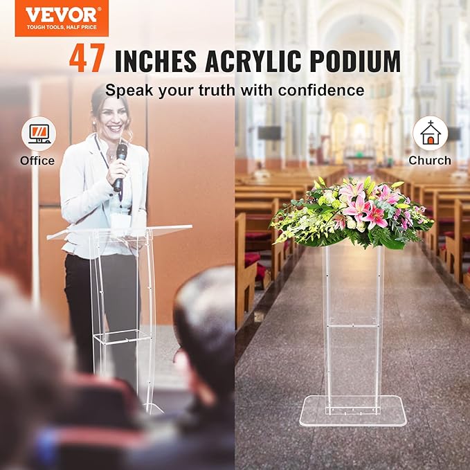 VEVOR Acrylic Podium, 47" Clear Acrylic Podium Stand with Wide Reading Surface & Storage Shelf, Floor-Standing Clear Pulpits Acrylic for Church Office School