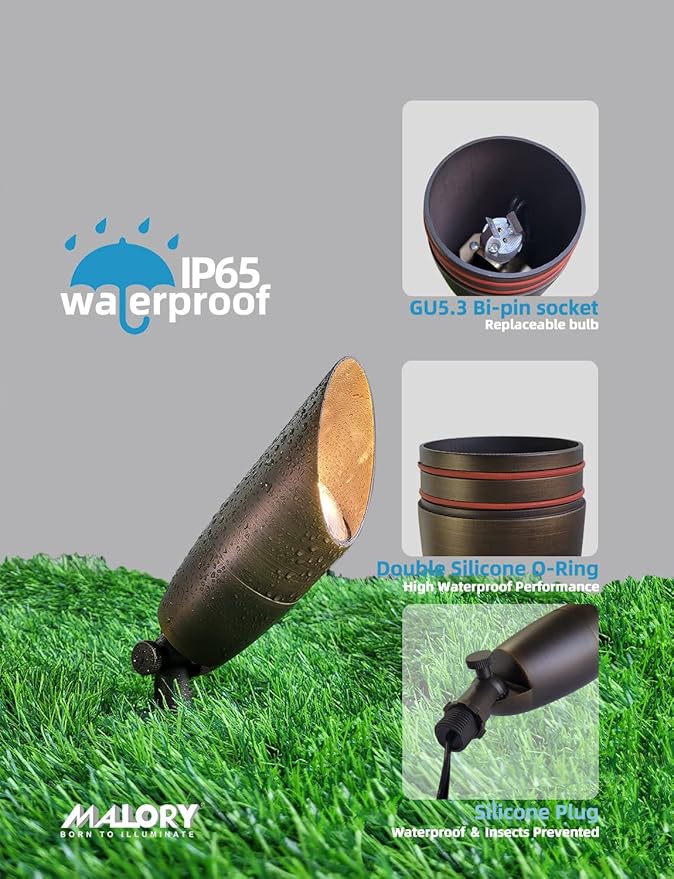 MALORY Solid Brass Landscape Spotlight 1-Pack Without Bulb(S06),Low Voltage Outdoor Front and Backyard Lights with Large Rugged Slot Spike,12V AC/DC Garden Patio Spot Up Light