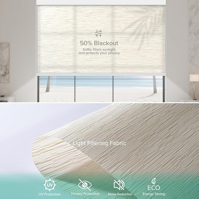Kilonity Motorized Roller Shades, Light Filtering Remote Control Custom Window Shades Work with Alexa Google Assistant via RF Hub, Rechargeable Electric Blinds for Windows (Texture Light Coffee)