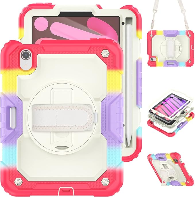 Case for iPad mini 7 (A17 Pro) 2024/ Mini 6 8.3'' with Pencil Holder Screen Protector [360 Rotating Hand Strap] &ampStand &ampShoulder Strap Shockproof Case for iPad mini 7th/6th Generation Purple