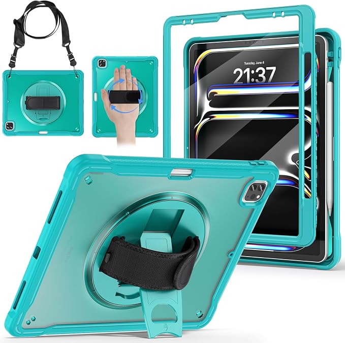 BRAECNstock Full-Body Case for iPad Air 13/Pro 12.9(3-6th)Khaki | Drop-Proof Case with Pencil Holder &amp Screen Protector | 360° Stand for Hands-Free Travel Strap | DIY-Friendly Frosted Back