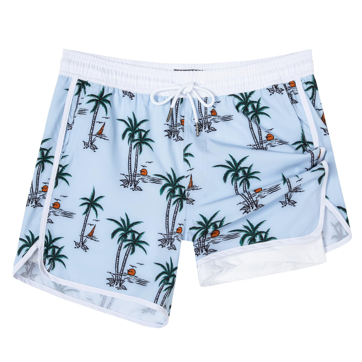 SURF CUZ Mens Swim Trunks with Compression Liner 5" Swimming Trunks 5 Inch Retro Swim Shorts with Zipper Pockets,Beach Sunrise,M