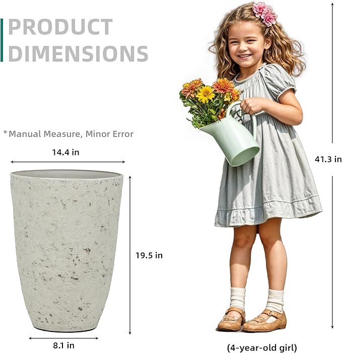 19.5" H Resin Tall Outdoor Planters, Set of 2 Country White Large Flower Pots with Handmade Birch Bark Texture, Heavy-Duty and Weather-Resistant for Year Round Indoor/Outdoor Space