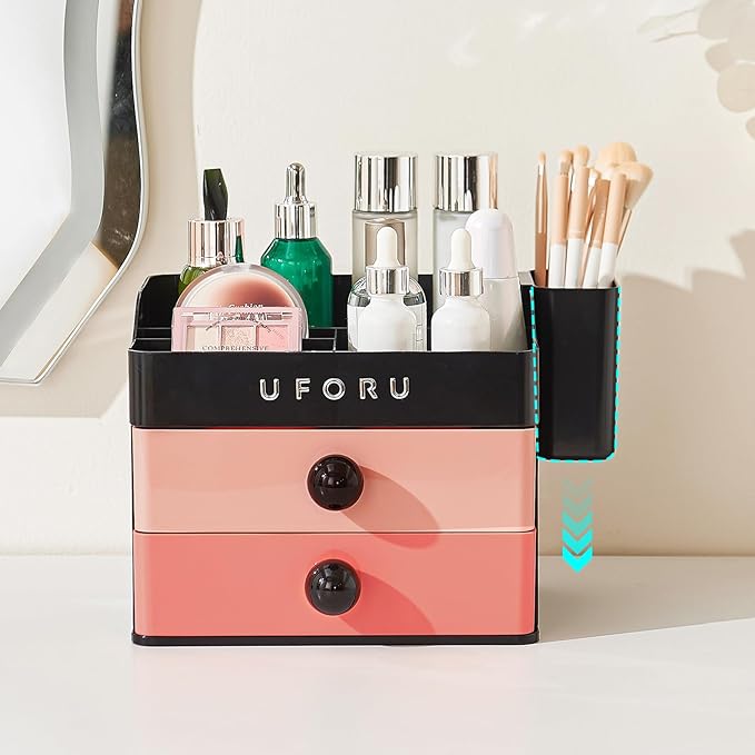 Makeup Organizer for Vanity with Brush Holder, Countertop Organizer with 2 Drawers, Spacious Cosmetic Display Case for Beauty Essential, Skincare, Lipstick