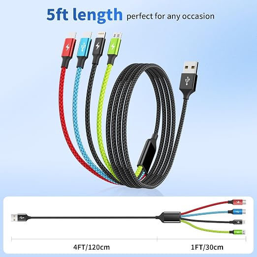 4 in 1 Multi Charging Cable 2 Pack 6FT Charging Cords for Devices | Nylon Braided USB C Car Charger Cable with Dual USB-C IP &amp Micro Ports Long Travel Charging Cord for Cars