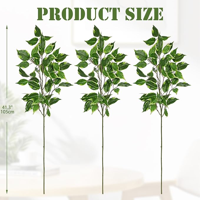 Ficus Leaves Artificial Branches 41.3" Faux Ficus Tree Branches Fake Greenery Plant Spray for Tree DIY Arch Wedding Bouquet Wreath Wall Decor - 3PCS