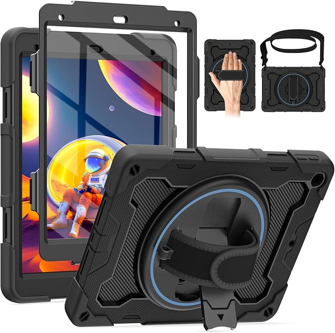for iPad 9th 8th 7th Gen Case 10.2 inch with Screen Protector | 360° Rotating Kickstand Hand Strap Shoulder Strap Heavy Duty Military Grade - Kids Friendly