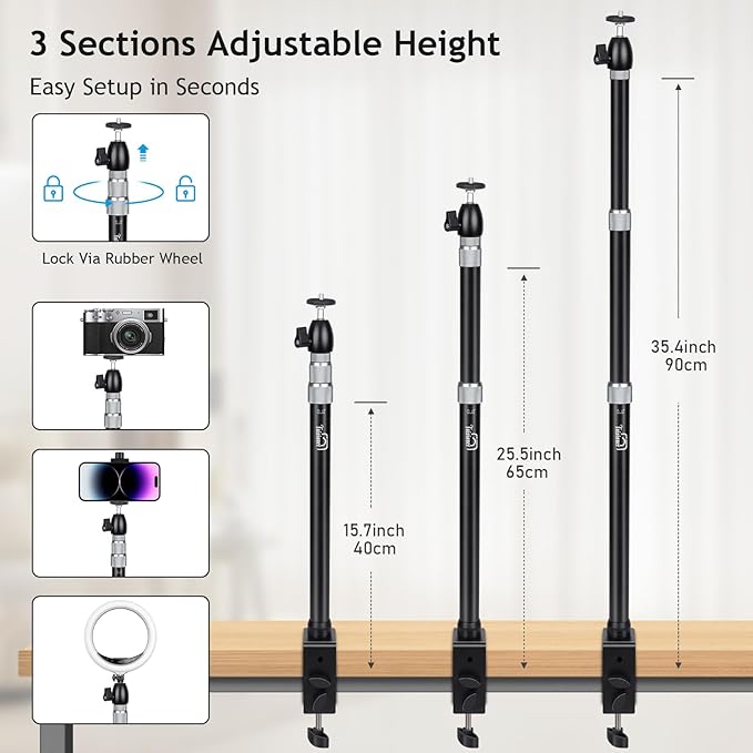 Taisioner Camera Desk Mount with 360° Ball Head, 15.7"-35.4" Adjustable Aluminum Alloy Stand - 6.6LBS Load C Clamp for DSLR, Ring Light, Live Streaming, Photo/Video Shooting