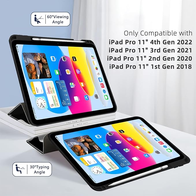 for iPad Pro 11 Inch Case 2022(4th Gen)/2021(3rd Gen)/2020(2nd Gen) with Pencil Holder TPU Shockproof Frame and Protective Leather Cover [Auto Sleep/Wake] Black Cow
