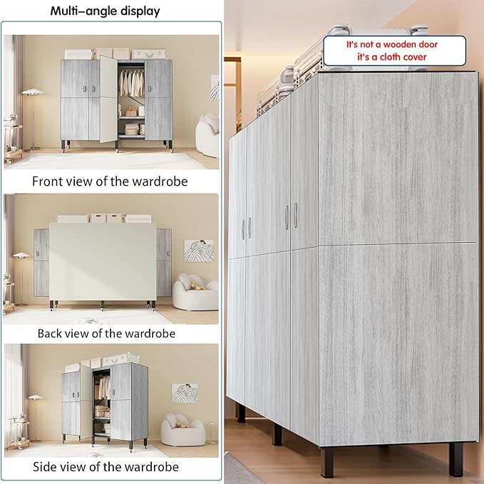 Heavy Duty Covered Clothes Rack with Magnetic Door Foldable Portable Wardrobe Closet for Hanging Clothing Rolling Black Metal Garment Rack on Wheels Closet System (Gray, 74.7in)