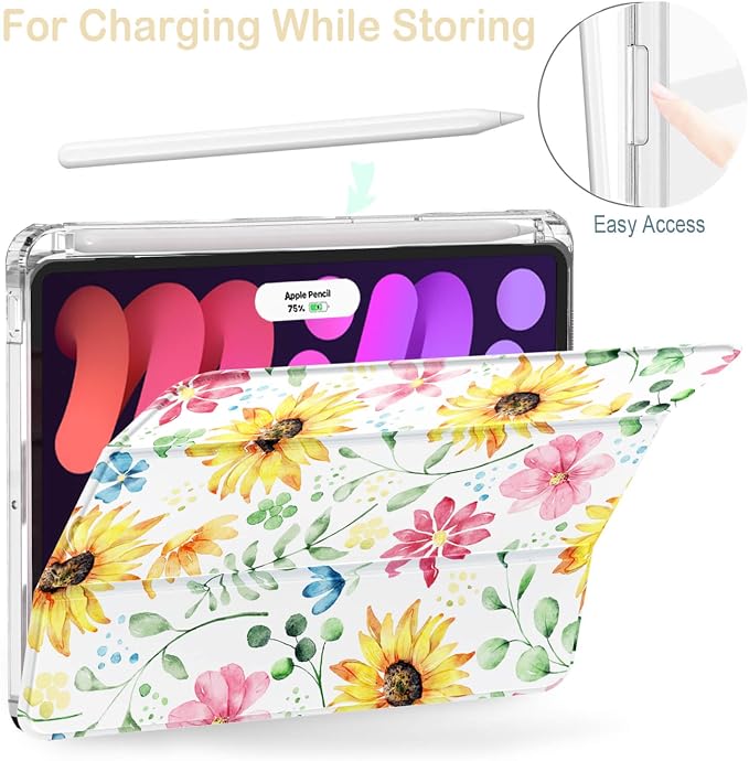 Feams Case for iPad mini 7 A17 Pro 2024/iPad Mini 6 2021 Slim Lightweight Trifold iPad mini 7 A17 Pro Case 8.3 Inch 2024 Clear Back Cover with Pencil Holder &amp Auto Sleep Blue Bow