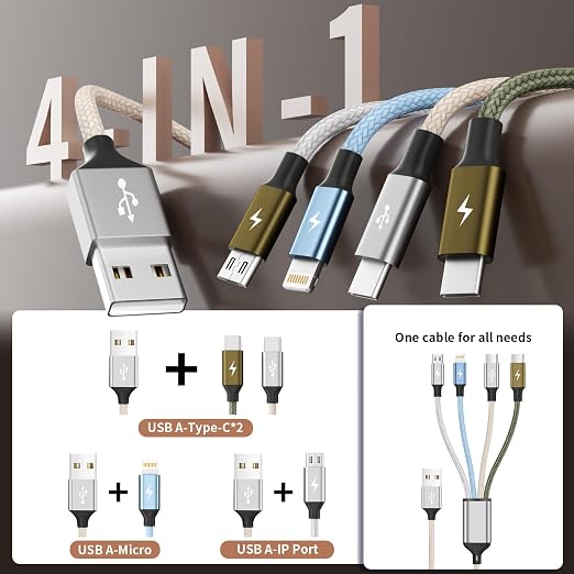 4 in 1 Multi Charging Cable 2 Pack 6FT Charging Cords for Devices | Nylon Braided USB C Car Charger Cable with Dual USB-C IP &amp Micro Ports Long Travel Charging Cord for Cars