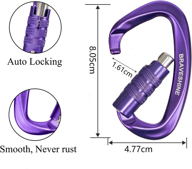Purple Heavy-Weight Carabiner Clips 12KN Aluminum D Ring Double Locking Caribeaner Hooks