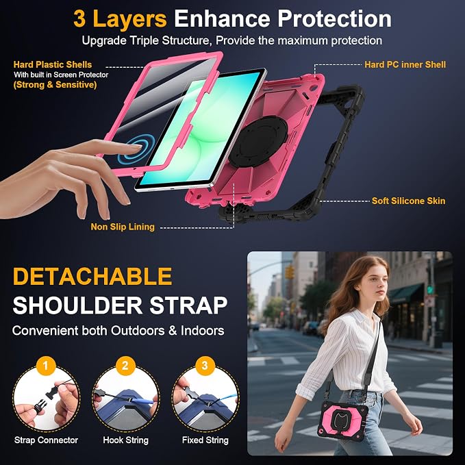 Case for Samsung Galaxy Tab A9 Plus 11 Inch 2023 Ubearkk Rugged Case for Samsung Galaxy A9+ Tablet SM-X210/X216/X218 with Screen Protector 360 Rotating Stand Shoulder Strap Pen Holder Black