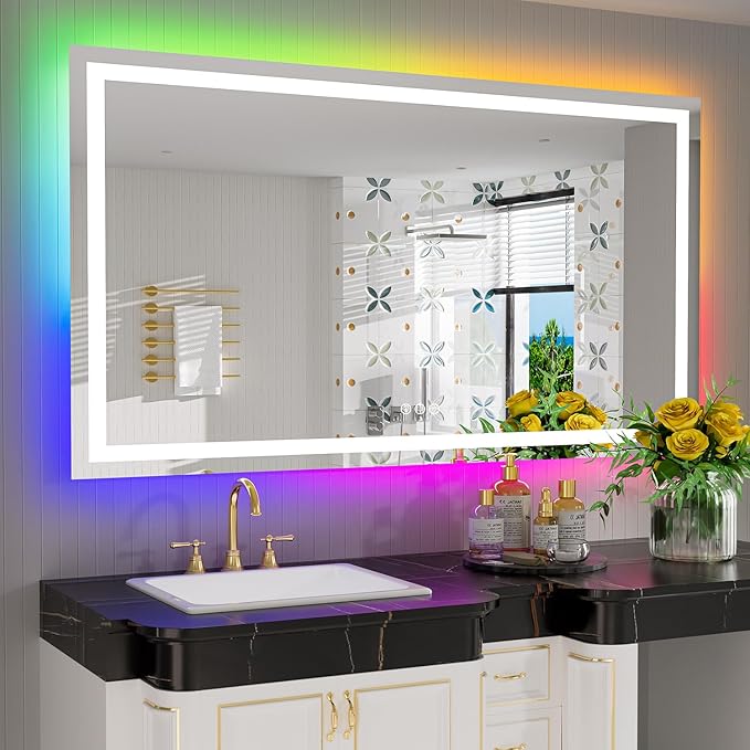 YEELAIT 57x36 Inch RGB LED Bathroom Mirror Front Light and RGB Backlit Lighted Vanity Mirror for Bathroom Wall Mounted Dimmable Anti Fog Memory Shatter-Proof IP54 Waterproof Horizontal/Vertical