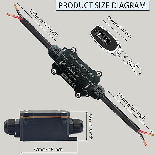 URANT Remote Control Switch,Waterproof Switch DC 12/24/48 Volts 20A,Wireless 433 MHz Transmitter-Receiver Kit,164 Ft Long-Distance Control,Suitable for Water Pumps,Lights,Fans,Vacuum Cleaners