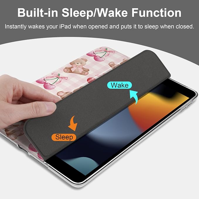 Compatible with iPad 10.2 Inch Case 2021 2020 2019 Smart Lightweight Trifold Stand Hard Plastic Transparent Cover Support Auto Sleep/Wake for iPad 10.2 9th/8th/7th Gen - Bear &amp Cherry