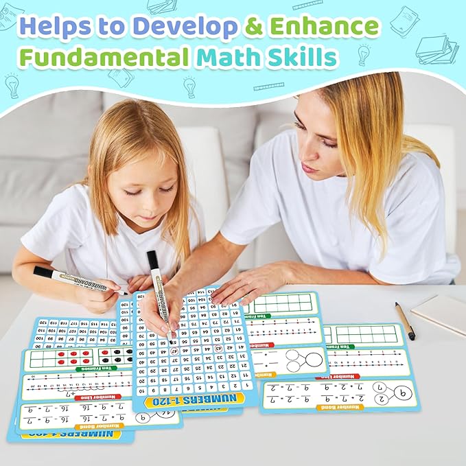 12 Pack Numbers 1-120 Chart Dry Erase Flash Card,12" x 9" Number Line Ten Frame Math Manipulatives Small White Board for Student Teacher Kindergarten 1ST 2ND Classroom Homeschool Supplies