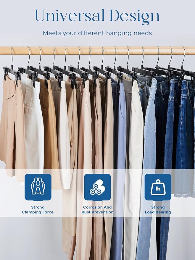 Smartor Space Saving Hangers 60 Pack, Slim Plastic Pants and Shorts Hangers, Ridged Non-Slip with Pinch Clips, 360-Rotating Chrome Swivel Hook, Black Plastic Hanger - 10 Inches