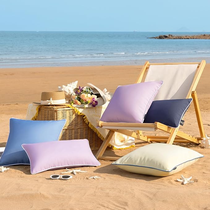 Phantoscope Pack of 2 Outdoor Waterproof Throw Pillow Covers with Contrast Piping, Decorative Square Cushion Case Patio Pillows for Couch Tent Sunbrella, Butter Yellow 18x18 inches