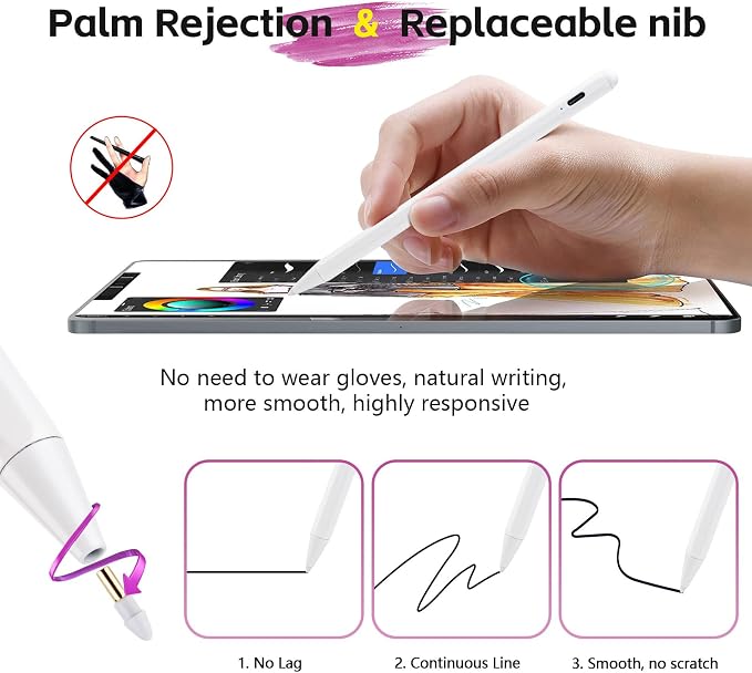 QLAYA iPad 10th/9th Generation Pencil with Palm Rejection Fast Charging | Magnetic Stylus Pen for Apple iPad A16-6th iPad Mini 5-7th iPad Air 5th/4th/M2/M3/M4 iPad Pro 11/12.9/13/M4/M5 White
