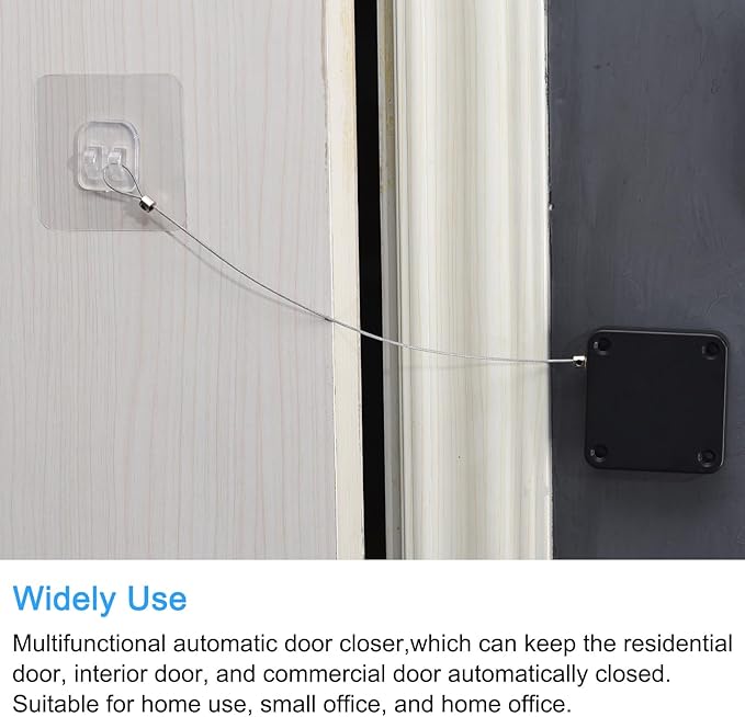 MECCANIXITY Punch Free Automatic Sensor Door Closer 78.7" Retractable Cable Lock for Home Office Doors 1500g 2Set Black with Adhesive Sticker Hook Screw Expansion Nail Sleeve