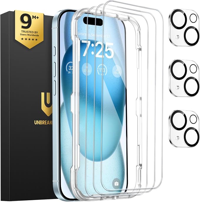 UNBREAKcable iPhone 15 Screen Protector 3-Pack Upgraded Dual-Tempered Glass + 3 Camera Lens Protectors Military-Grade 9H Hardness HD Clarity Anti-Fingerprint Case Friendly 6.1 Inch | Upgraded Du