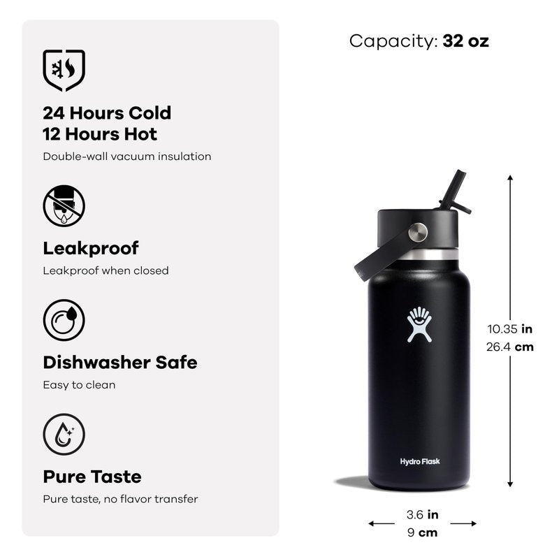 Hydro Flask Water Bottle - Insulated Stainless Steel - Wide Mouth Flex Straw Lid, Non Spill, Leakproof and Refillable in 32 Oz Tonal Oat
