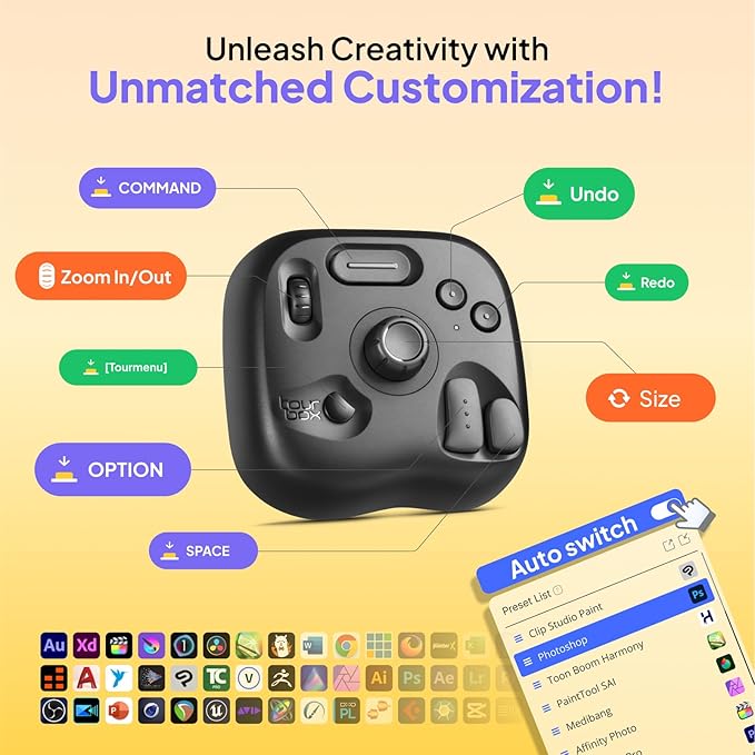 TourBox Lite - Editing Keyboard Compact, Artists Go-to Drawing Macro Keypad, Works with Clip Studio Paint & More, Creative Controller with Custom Software, Streamline All Workflows - Wired (Unit Only)