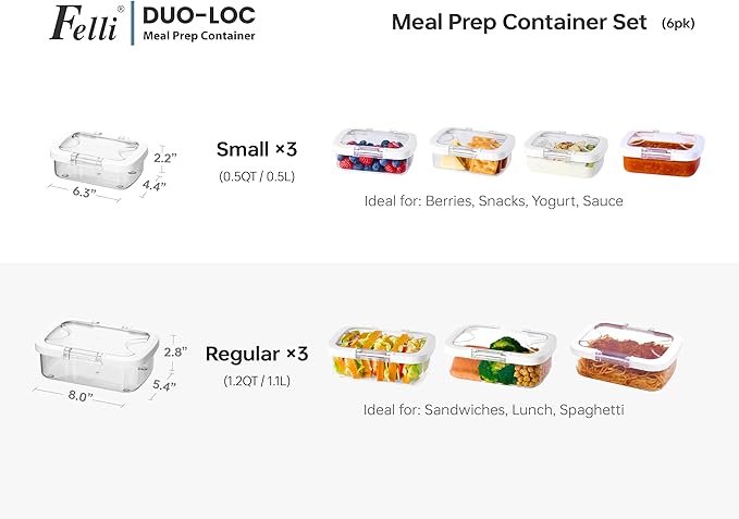 Felli Duo Loc Tritan Containers for Reheating Microwave Safe Box, Airtight Food Storage for Fridge Freezer, On The Go Lunch Container for Adults for Weekly Meal Plan Picnic Travel (6pk)