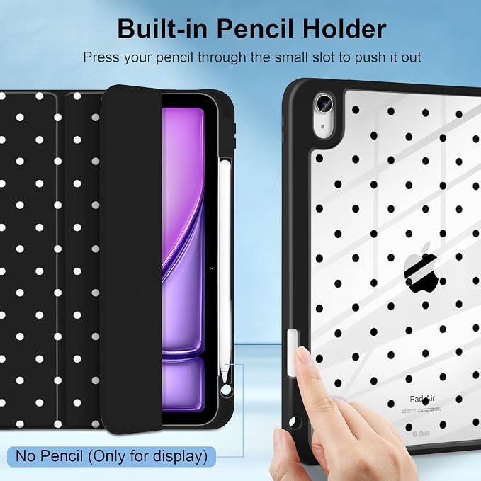 MecBevia Case for iPad Air 11-inch M4 2026 / M3 2025 / M2 2024 | Built-in Pencil Holder Shockproof Clear Hard Back Trifold Stand Auto Wake/Sleep Blue Bow