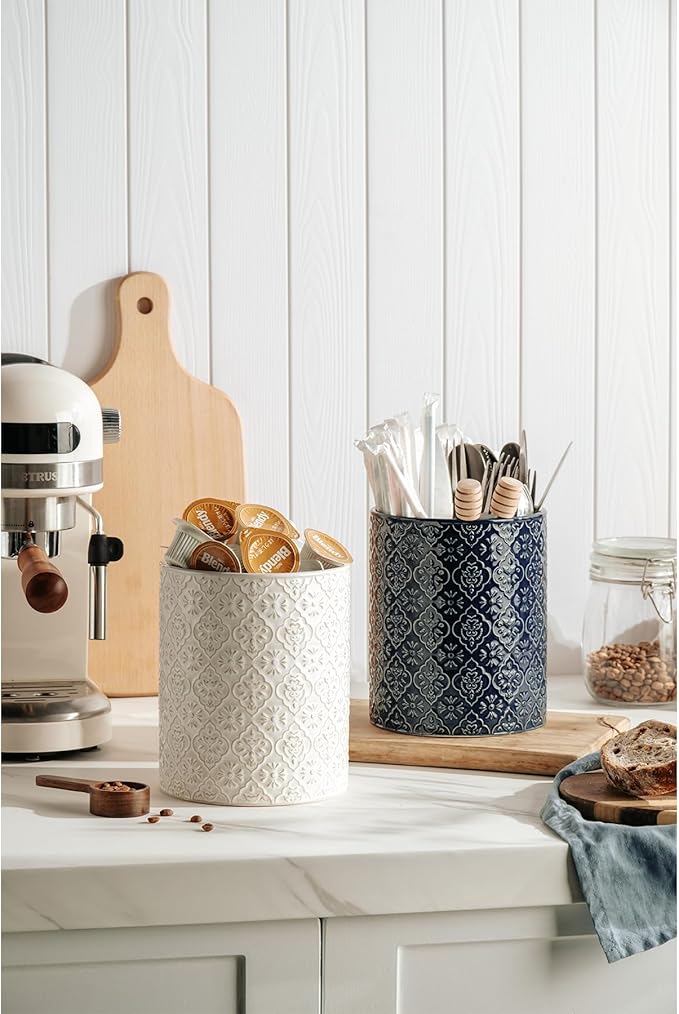 Kitchen Utensil Holder, 6x7 inch Large Ceramic Utensil Holder with Embossed Pattern, Cooking Utensil Crocks for Kitchen Countertop, Home Decor, Off-White
