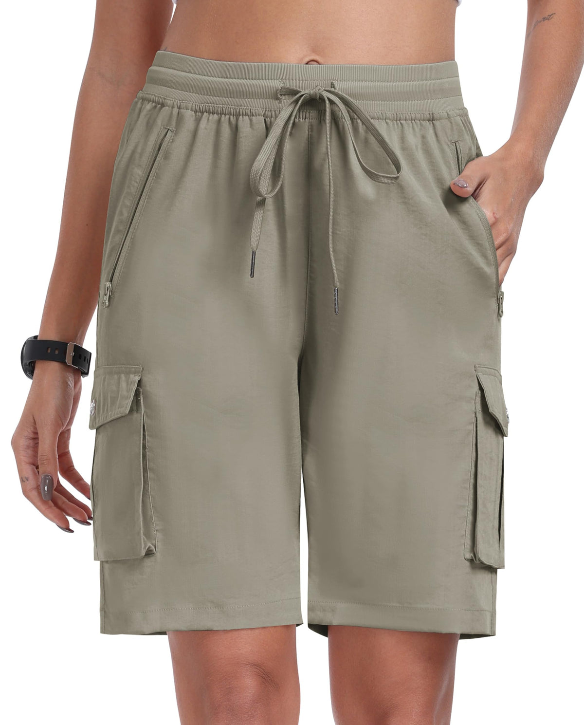 MoFiz Womens Shorts with Pockets Loose Fit Casual Cargo Shorts Lightweight Ladies Hiking Shorts Grey Khaki M