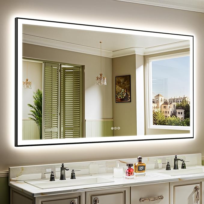 YEELAIT 72x40 Inch LED Bathroom Mirror with Lights (Front Lit and Backlit) Black Framed Lighted Vanity Mirror for Bathroom Wall Dimmable Anti-Fog Memory Tempered Glass Horizontal/Vertical