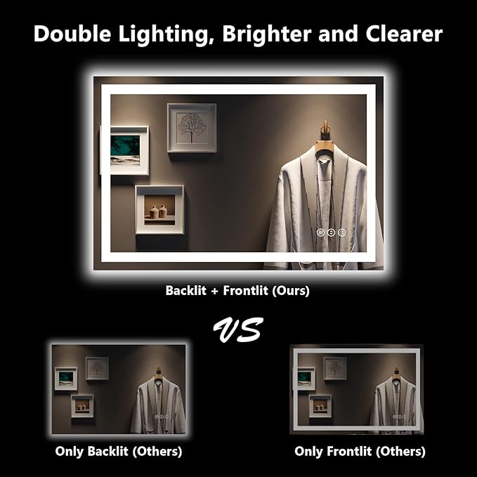 YEELAIT 48x32 Inch LED Bathroom Mirror with Lights Front and Backlit Lighted Vanity Mirror for Bathroom Wall with 3 Colors Dimmable Anti-Fog Memory Shatter-Proof IP54 Waterproof Horizontal/Vertical