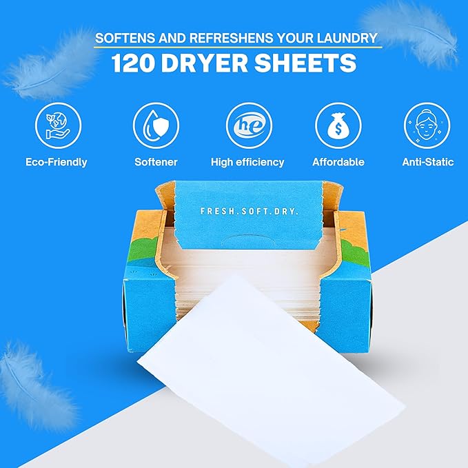 Greenseedz Dryer Sheets, 120 Count, Softens, Reduces Static & Freshens Laundry, Plastic-Free, Works with All Fabrics
