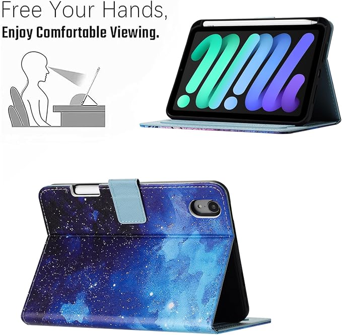 Case for iPad mini 7 A17 Pro &amp iPad mini 6 (2024/2021) Built-in Pencil Holder Premium PU Leather Folio Stand Smart Protective Cover Multi-Viewing Angles and Auto Wake/Sleep - Beach