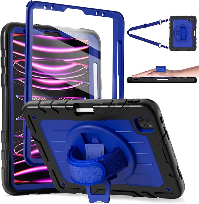 iPad Pro 11 inch Case with Rotating Stand &amp Shoulder Strap Heavy Duty Shockproof Cover with Pencil Holder for iPad Pro 11-inch 4th/3rd/2nd/1st Gen (Black)