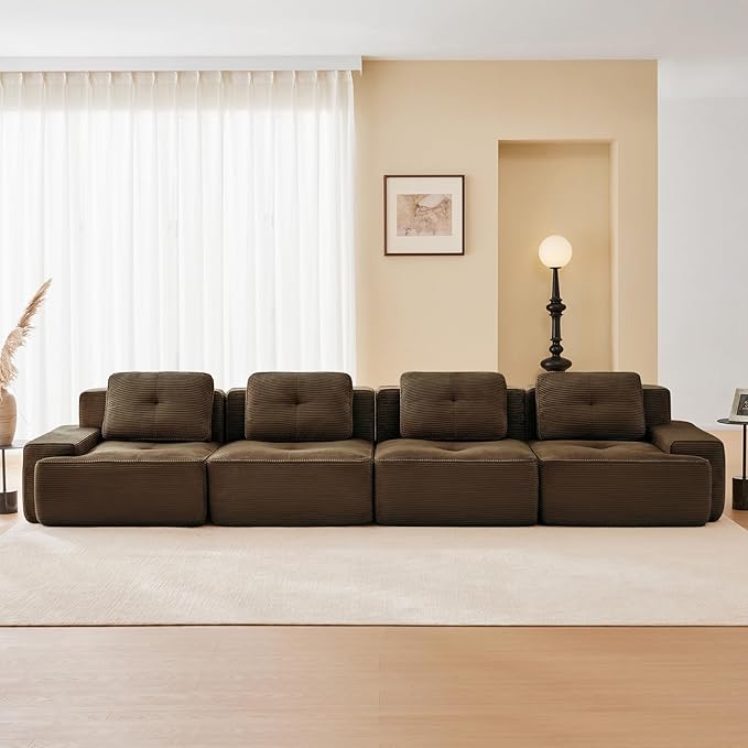 150" Modern Compressed Boneless Couch, 4 Seater Sectional Couches for Living Room, Brown Corduroy Cloud Modular Sectional Sofa, Comfy Memory Foam, Extra Deep, Sofas para Sala, No Assembly